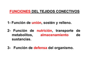 FUNCIONES DEL TEJIDOS CONECTIVOS


1- Función de unión, sostén y relleno.

2- Función de nutrición, transporte de
  metabolitos,  almacenamiento      de
  sustancias.

3- Función de defensa del organismo.
 