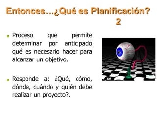 Entonces…¿Qué es Planificación?
2
Proceso que permite
determinar por anticipado
qué es necesario hacer para
alcanzar un objetivo.
Responde a: ¿Qué, cómo,
dónde, cuándo y quién debe
realizar un proyecto?.
 
