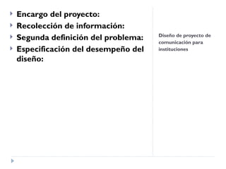 Diseño de proyecto de comunicación para instituciones  Encargo del proyecto: Recolección de información: Segunda definición del problema: Especificación del desempeño del diseño: 