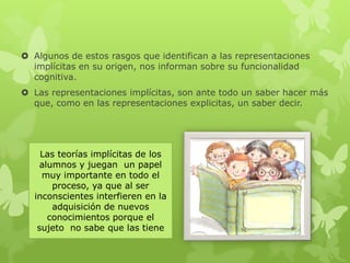  Algunos de estos rasgos que identifican a las representaciones
  implícitas en su origen, nos informan sobre su funcionalidad
  cognitiva.
 Las representaciones implícitas, son ante todo un saber hacer más
  que, como en las representaciones explicitas, un saber decir.




    Las teorías implícitas de los
    alumnos y juegan un papel
    muy importante en todo el
       proceso, ya que al ser
  inconscientes interfieren en la
       adquisición de nuevos
      conocimientos porque el
   sujeto no sabe que las tiene
 