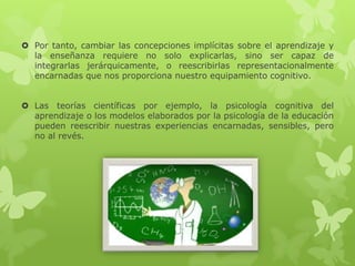  Por tanto, cambiar las concepciones implícitas sobre el aprendizaje y
  la enseñanza requiere no solo explicarlas, sino ser capaz de
  integrarlas jerárquicamente, o reescribirlas representacionalmente
  encarnadas que nos proporciona nuestro equipamiento cognitivo.


 Las teorías científicas por ejemplo, la psicología cognitiva del
  aprendizaje o los modelos elaborados por la psicología de la educación
  pueden reescribir nuestras experiencias encarnadas, sensibles, pero
  no al revés.
 
