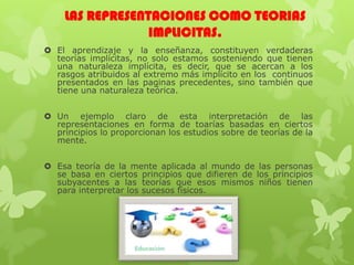 LAS REPRESENTACIONES COMO TEORIAS
                 IMPLICITAS.
 El aprendizaje y la enseñanza, constituyen verdaderas
  teorías implícitas, no solo estamos sosteniendo que tienen
  una naturaleza implícita, es decir, que se acercan a los
  rasgos atribuidos al extremo más implícito en los continuos
  presentados en las paginas precedentes, sino también que
  tiene una naturaleza teórica.


 Un ejemplo claro de esta interpretación de las
  representaciones en forma de toarías basadas en ciertos
  principios lo proporcionan los estudios sobre de teorías de la
  mente.


 Esa teoría de la mente aplicada al mundo de las personas
  se basa en ciertos principios que difieren de los principios
  subyacentes a las teorías que esos mismos niños tienen
  para interpretar los sucesos físicos.
 