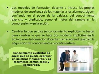 •   Los modelos de formación docente e incluso los propios
    modelos de enseñanza de las materias a los alumnos, siguen
    confiando en el poder de la palabra, del conocimiento
    explicito y predicado, como el motor del cambio en la
    comprensión y en la acción.

•   Cambiar lo que se dice (el conocimiento explicito) no bastar
    para cambiar lo que se hace (los modelos implícitos en la
    acción) ni en la formación docente ni en el aprendizaje o en la
    adquisición de conocimientos procedimentales.

     Conocimiento explicito: Es
    aquel que se puede expresar
    en palabras y números, y es
     fácilmente comunicable y
            compartido.
 