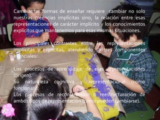 Cambiar las formas de enseñar requiere cambiar no solo
nuestras creencias implícitas sino, la relación entre esas
representaciones de carácter implícito y los conocimientos
explícitos que mantenemos para esas mismas situaciones.

Los principales contrastes entre las representaciones
implícitas y explicitas, atendiendo a tres componentes
esenciales:

Los procesos de aprendizaje de esas representaciones
(origen).
Su naturaleza cognitiva y representacional (como
funcionan).
Los procesos de reconstrucción o reestructuración de
ambos tipos de representación (como pueden cambiarse).
 