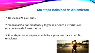  Desde los 21 a 40 años.
Preocupación por mantener y lograr relaciones estrechas con
otra persona de forma mutua.
Si la etapa no se supera con éxito supone un fracaso en las
relaciones.
6ta etapa Intimidad Vs Aislamiento
 