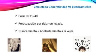 7ma etapa Generatividad Vs Estancamiento
 Crisis de los 40.
 Preocupación por dejar un legado.
Estancamiento = Adelantamiento a la vejez.
 
