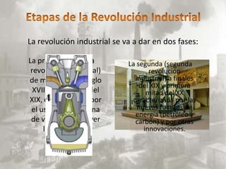 La revolución industrial se va a dar en dos fases:

La primera (primera          La segunda (segunda
 revolución industrial)             revolución
de mediados del siglo          industrial) a finales
                                 del XIX y primera
  XVIII a mediados del             mitad del XX
XIX, caracterizada por        caracterizada por las
 el uso de la máquina           nuevas fuentes de
                               energía (petróleo y
 de vapor para mover           carbón) y por otras
     las máquinas.                innovaciones.
 