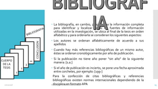  La bibliografía, en cambio, proporciona la información completa
para identificar y localizar Todas las fuentes de información
utilizadas en la investigación, se ubica al final de la tesis en orden
alfabético y para ordenarla se consideran los siguientes aspectos:
 Los autores se ordenan alfabéticamente de acuerdo a sus
apellidos
 Cuando hay más referencias bibliográficas de un mismo autor,
éstas se ordenan cronológicamente por año de publicación.
 Si la publicación no tiene año poner “sin año” de la siguiente
manera: [s.a.]
 Si el año de publicación es incierto, se pone una fecha aproximada
entre corchetes, por ejemplo: [199-]
CUERPO
DE LA
TESIS
1
∞
3
2
CONCLUSION
Para la confección de citas bibliográficas y referencias
bibliográficas existen normas internacionales dependiendo de la
disciplina en formato APA02/11/2016 FUNDAMENTOS DE INVESTIGACION 13
 