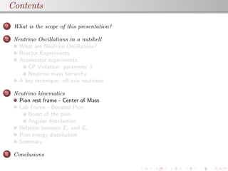 plain
Contents
1 What is the scope of this presentation?
2 Neutrino Oscillations in a nutshell
What are Neutrino Oscillations?
Reactor Experiments
Accelerator experiments
CP Violation: parameter δ
Neutrino mass hierarchy
A key technique: oﬀ-axis neutrinos
3 Neutrino kinematics
Pion rest frame - Center of Mass
Lab Frame - Boosted Pion
Boost of the pion
Angular distribution
Relation between Eν and Eπ
Pion energy distribution
Summary
4 Conclusions
 
