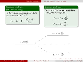 plain Neutrino kinematics Pion rest frame - Center of Mass
Massless neutrinos
(arXiv:1005.0574)
In the ﬁrst approximation we take
mν = 0 and thus E = P
Pν = Eν = E =
m2
π − m2
µ
2mπ
Massive neutrinos
Taking the ﬁrst order corrections
∼ m2
nu, the result gives
Ecm = E +
m2
i
2mπ
Pcm = E −
m2
i
2E
ε
Christian Roca Catal´a (UV) Trabajo Fin de Grado July 22, 2013 23 / 42
 