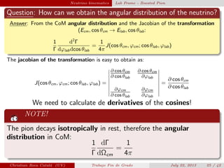 plain Neutrino kinematics Lab Frame - Boosted Pion
Question: How can we obtain the angular distribution of the neutrino?
Answer: From the CoM angular distribution and the Jacobian of the transformation
(Ecm, cos θcm → Elab, cos θlab:
1
Γ
d2
Γ
dϕlabdcos θlab
=
1
4π
J(cos θcm, ϕcm; cos θlab, ϕlab)
The jacobian of the transformation is easy to obtain as:
J(cos θcm, ϕcm; cos θlab, ϕlab) =
∂ cos θcm
∂ cos θlab
∂ cos θcm
∂ϕlab
∂ϕcm
∂ cos θlab
∂ϕcm
∂ϕlab
=
∂ cos θcm
∂ cos θlab
We need to calculate de derivatives of the cosines!
NOTE!
The pion decays isotropically in rest, therefore the angular
distribution in CoM:
1
Γ
dΓ
dΩcm
=
1
4π
Christian Roca Catal´a (UV) Trabajo Fin de Grado July 22, 2013 25 / 42
 