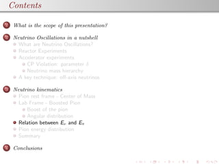 plain
Contents
1 What is the scope of this presentation?
2 Neutrino Oscillations in a nutshell
What are Neutrino Oscillations?
Reactor Experiments
Accelerator experiments
CP Violation: parameter δ
Neutrino mass hierarchy
A key technique: oﬀ-axis neutrinos
3 Neutrino kinematics
Pion rest frame - Center of Mass
Lab Frame - Boosted Pion
Boost of the pion
Angular distribution
Relation between Eν and Eπ
Pion energy distribution
Summary
4 Conclusions
 