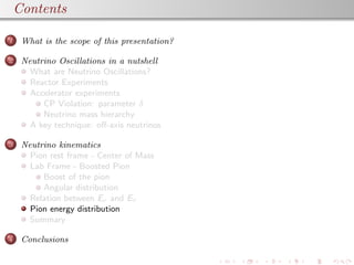 plain
Contents
1 What is the scope of this presentation?
2 Neutrino Oscillations in a nutshell
What are Neutrino Oscillations?
Reactor Experiments
Accelerator experiments
CP Violation: parameter δ
Neutrino mass hierarchy
A key technique: oﬀ-axis neutrinos
3 Neutrino kinematics
Pion rest frame - Center of Mass
Lab Frame - Boosted Pion
Boost of the pion
Angular distribution
Relation between Eν and Eπ
Pion energy distribution
Summary
4 Conclusions
 