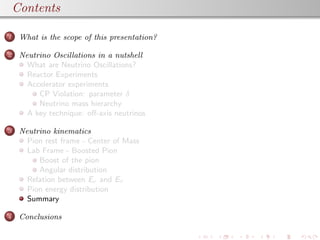 plain
Contents
1 What is the scope of this presentation?
2 Neutrino Oscillations in a nutshell
What are Neutrino Oscillations?
Reactor Experiments
Accelerator experiments
CP Violation: parameter δ
Neutrino mass hierarchy
A key technique: oﬀ-axis neutrinos
3 Neutrino kinematics
Pion rest frame - Center of Mass
Lab Frame - Boosted Pion
Boost of the pion
Angular distribution
Relation between Eν and Eπ
Pion energy distribution
Summary
4 Conclusions
 