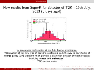 plain Conclusions
New results from SuperK far detector of T2K - 19th July,
2013 (3 days ago!)
νe appearance conﬁrmation at the 7.5σ level of signiﬁcance.
“Observation of this new type of neutrino oscillation leads the way to new studies of
charge-parity (CP) violation which provides a distinction between physical processes
involving matter and antimatter.”
T2K announcement
Christian Roca Catal´a (UV) Trabajo Fin de Grado July 22, 2013 38 / 42
 