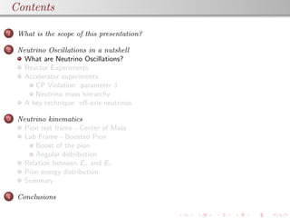 Contents
1 What is the scope of this presentation?
2 Neutrino Oscillations in a nutshell
What are Neutrino Oscillations?
Reactor Experiments
Accelerator experiments
CP Violation: parameter δ
Neutrino mass hierarchy
A key technique: oﬀ-axis neutrinos
3 Neutrino kinematics
Pion rest frame - Center of Mass
Lab Frame - Boosted Pion
Boost of the pion
Angular distribution
Relation between Eν and Eπ
Pion energy distribution
Summary
4 Conclusions
 