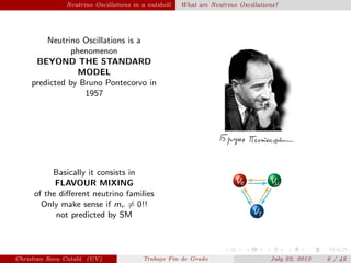 Neutrino Oscillations in a nutshell What are Neutrino Oscillations?
Neutrino Oscillations is a
phenomenon
BEYOND THE STANDARD
MODEL
predicted by Bruno Pontecorvo in
1957
Basically it consists in
FLAVOUR MIXING
of the diﬀerent neutrino families
Only make sense if mν = 0!!
not predicted by SM
Christian Roca Catal´a (UV) Trabajo Fin de Grado July 22, 2013 6 / 42
 
