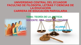 UNIVERSIDAD CENTRAL DEL ECUADOR
FACULTAD DE FILOSOFÍA, LETRAS Y CIENCIAS DE
LA EDUCACIÓN
CARRERA DE EDUCACIÓN PARVULARIA
TEMA: TEORÍA DE LA JUSTICIA
DOCENTE: DRA. CRISTINA OROZCO
ALUMNA
LIZETH SANTANDER
 