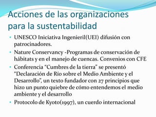 Acciones de las organizaciones para la sustentabilidad 
•UNESCO Iniciativa Ingenieril(UEI) difusión con patrocinadores. 
•Nature Conservancy -Programas de conservación de hábitats y en el manejo de cuencas. Convenios con CFE 
•Conferencia “Cumbres de la tierra” se presentó “Declaración de Río sobre el Medio Ambiente y el Desarrollo”, un texto fundador con 27 principios que hizo un punto quiebre de cómo entendemos el medio ambiente y el desarrollo 
•Protocolo de Kyoto(1997), un cuerdo internacional  