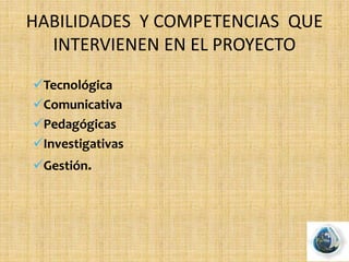 HABILIDADES Y COMPETENCIAS QUE
INTERVIENEN EN EL PROYECTO
Tecnológica
Comunicativa
Pedagógicas
Investigativas
Gestión.
 
