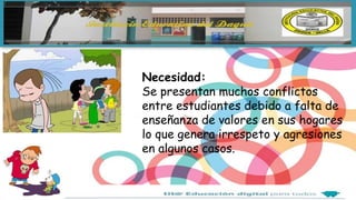 Necesidad:
Se presentan muchos conflictos
entre estudiantes debido a falta de
enseñanza de valores en sus hogares
lo que genera irrespeto y agresiones
en algunos casos.
 