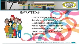 ESTRATEGIAS
Como estrategias tenemos
diagnóstico de la situación actual,
sensibilización e identificación de
valores humanos, y socialización y
reflexión sobre importancia de los
valores humanos en su quehacer
diario.
 