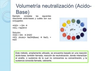 Volumetría neutralización (Acido-
Base)
Este método, ampliamente utilizado, se encuentra basado en una reacción
ácido-base, también llamada, reacción de neutralización, donde interactúan
el analito, o sustancia de la cual no conocemos su concentración, y la
sustancia conocida llamada, valorante.
Ejemplo: completa las siguientes
reacciones acido-bases y cuáles son sus
conjugados:
•H3O+ + OH- 
•HCL + NaOH
Solución:
•H3O + OH-  2H2O
•HCL (Acido)+ NaOH(Base)  NaCL +
H2O
 