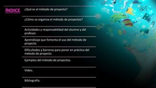 ÍNDICE ¿Qué es el método de proyecto?
¿Cómo se organiza el método de proyectos?
Actividades y responsabilidad del alumno y del
profesor.
Aprendizaje que fomenta el uso del método de
proyecto.
Dificultades y barreras para poner en práctica del
método de proyecto.
Ejemplos del método de proyectos.
Video.
Bibliografía.
 