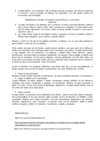 8. Cuando finalices, lee de principio a fin tu trabajo para que te asegures que todas las relaciones
es correctas y que la pregunta de enfoque fue respondida. Con ello podrás realizar las
correcciones que convengan.
DIFERENCIA ENTRE UN MAPA CONCEPTUAL Y UN MAPA
MENTAL
 Un mapa conceptual es un diagrama que se construye de manera personal utilizando palabras
clave, colores (elipses), lógica y ritmo visual (visualización jerárquica). El mapa mental reúne
solo los puntos importantes de un tema e indica de forma sencilla la manera en que estos se
relacionan entre sí.
 «Un mapa mental consta de una palabra central o concepto», en torno a la palabra central se
dibujan ideas principales que se refieren a aquella palabra.
Entonces a partir de cada una de las palabras derivadas, se dibujan a su vez otras ideas principales
que se refieren a cada una de esas palabras.
«Para muchas personas las dos técnicas pueden parecer similares, pero gran parte de su diferencia
estriba en la capacidad visual del mapa mental y las 8 conexiones que realiza». El mapa mental busca
y exige imágenes para su construcción. Las imágenes y dibujos tienen varias funciones, algunas
nemotécnicas, otra para reducir las palabras manteniendo un concepto o idea compleja y también para
buscar nuevas conexiones. Se sabe que las imágenes conectan rápidamente con otras ideas afines, por
lo que parte de la potencia del mapa mental está en su capacidad visual de generar nuevas conexiones
y retener las ideas con el hemisferio visual del cerebro.
Es por eso identificar las principales diferencias que existen entre uno y el otro, estas diferencias se
pueden agrupar para que de esta manera se pueda lograr una mejor identificación de ellas.
 Según lo que representan
Mientras un mapa mental representa la información, un mapa conceptual representa el conocimiento.
 Según su utilidad para el aprendizaje
Cuando hablamos de mapas mentales y mapas conceptuales estamos hablando de dos diferentes
estrategias para pensar, comprender y organizar el conocimiento. Mientras el mapa conceptual se
aplica en el aula, a través de la teoría del aprendizaje significativo .El mapa mental prioriza todo en
el cerebro por medio de la neurociencia
.
 Según su forma
El mapa mental se caracteriza por la simplicidad de su forma: a partir de una idea central y principal,
esta es desarrollada no hay una estructura rígida asociada a través de relaciones no definidas a ideas
secundarias. Mientras que el mapa conceptual -al ser una representación diagramática que evidencia
relaciones significativas entre conceptos-, se presenta como red de conexiones donde se deben
nombrar conceptos y definir las relaciones. Su estructura es rígida y jerárquica
BIBLIOGRAFIA
http://www.queesunmapamental.com/
http://tugimnasiacerebral.com/mapas-conceptuales-y-mentales/que-es-un-mapa-mental-
caracteristicas-y-como-hacerlos
http://www.nerditos.com/que-es-un-mapa-mental-y-sus-caracteristicas/
 