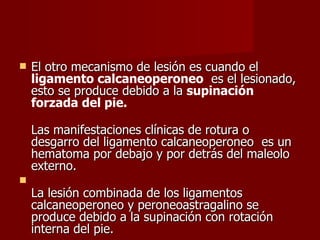 El otro mecanismo de lesión es cuando el  ligamento calcaneoperoneo   es el lesionado, esto se produce debido a la  supinación forzada del pie. Las manifestaciones clínicas de rotura o desgarro del ligamento calcaneoperoneo  es un hematoma por debajo y por detrás del maleolo  externo.  La lesión combinada de los ligamentos calcaneoperoneo y peroneoastragalino se produce debido a la supinación con rotación interna del pie.  