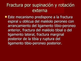 Este mecanismo predispone a la fractura espiral u oblicua del maléolo peroneo con arrancamiento del ligamento tibio-peroneo anterior, fractura del maléolo tibial o del ligamento lateral, fractura marginal posterior de la tibia y ruptura del ligamento tibio-peroneo posterior. Fractura por supinación y rotación externa  