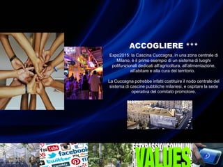 ACCOGLIERE ***
Expo2015: la Cascina Cuccagna, in una zona centrale di
Milano, è il primo esempio di un sistema di luoghi
polifunzionali dedicati all’agricoltura, all’alimentazione,
all’abitare e alla cura del territorio.
La Cuccagna potrebbe infatti costituire il nodo centrale del
sistema di cascine pubbliche milanesi, e ospitare la sede
operativa del comitato promotore.
 