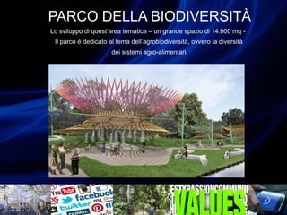 PARCO DELLA BIODIVERSITÀ
Lo sviluppo di quest’area tematica – un grande spazio di 14.000 mq -
Il parco è dedicato al tema dell’agrobiodiversità, ovvero la diversità
dei sistemi agro-alimentari.
 