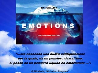 “…sta nascendo una nuova configurazione
per la quale, da un pensiero descrittivo,
si passa ad un pensiero liquido ed emozionale …".
G.Mirabella,“McLuhan Program”
 
