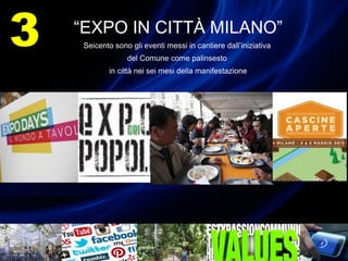 “EXPO IN CITTÀ MILANO”
Seicento sono gli eventi messi in cantiere dall’iniziativa
del Comune come palinsesto
in città nei sei mesi della manifestazione
3
 