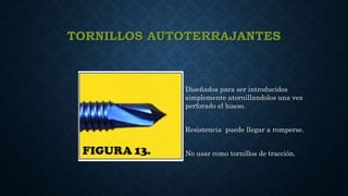 TORNILLOS AUTOTERRAJANTES
• Diseñados para ser introducidos
simplemente atornillandolos una vez
perforado el hueso.
• Resistencia puede llegar a romperse.
• No usar como tornillos de tracción.
 
