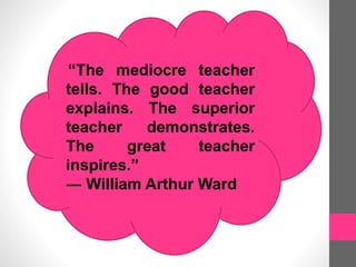“The mediocre teacher
tells. The good teacher
explains. The superior
teacher demonstrates.
The great teacher
inspires.”
― William Arthur Ward
 
