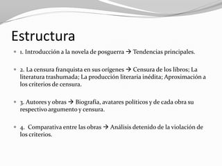 Estructura
 1. Introducción a la novela de posguerra  Tendencias principales.


 2. La censura franquista en sus orígenes  Censura de los libros; La
  literatura trashumada; La producción literaria inédita; Aproximación a
  los criterios de censura.

 3. Autores y obras  Biografía, avatares políticos y de cada obra su
  respectivo argumento y censura.

 4. Comparativa entre las obras  Análisis detenido de la violación de
  los criterios.
 