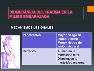 BIOMECÁNICA DEL TRAUMA EN LA
MUJER EMBARAZADA

MECANISMOS LESIONALES

     Penetrantes        Mayor riesgo de
                        lesión uterina
                        Menor riesgo de
                        lesión visceral
     Cerrados           Aumentan la
                        mortalidad fetal
                        Disminuyen la
                        mortalidad materna
 
