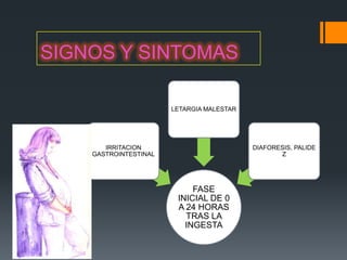 SIGNOS Y SINTOMAS

                       LETARGIA MALESTAR




       IRRITACION                          DIAFORESIS, PALIDE
    GASTROINTESTINAL                              Z




                            FASE
                        INICIAL DE 0
                        A 24 HORAS
                          TRAS LA
                          INGESTA
 