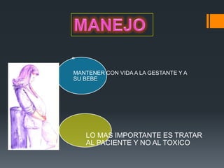 MANTENER CON VIDA A LA GESTANTE Y A
SU BEBE




   LO MAS IMPORTANTE ES TRATAR
   AL PACIENTE Y NO AL TOXICO
 