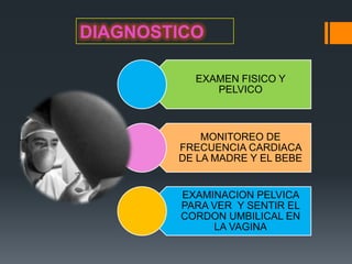 DIAGNOSTICO

          EXAMEN FISICO Y
             PELVICO



            MONITOREO DE
        FRECUENCIA CARDIACA
        DE LA MADRE Y EL BEBE


        EXAMINACION PELVICA
        PARA VER Y SENTIR EL
        CORDON UMBILICAL EN
             LA VAGINA
 