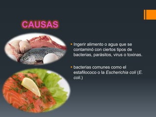 CAUSAS

          Ingerir alimento o agua que se
           contaminó con ciertos tipos de
           bacterias, parásitos, virus o toxinas.

          bacterias comunes como el
           estafilococo o la Escherichia coli (E.
           coli.)
 