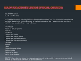 DOLOR R/C AGENTES LESIVOS ( FISICOS, QUIMICOS)

DOMINIO 12: confort
CLASE 1: confort físico

DEFINICION: experiencia sensitiva y emocional desagradable ocasionada por una lesión tisular real o potencial
descrita en tales términos; inicio súbito o lento de cualquier intensidad de leve a grave con un final anticipado o
previsible y una duración inferior o mayor a 6 meses.

HALLAZGOS:
Trauma en la mujer gestante
Fracturas
hematomas
Cambios en el apetito
Cambios en la presión arterial
Cambios en la frecuencia cardiaca
Cambios en la frecuencia respiratoria
Diaforesis
Inquietud
Llanto
Postura para evitar el dolor
Dilatación pupilar
Trastornos del sueño
Informe verbal de dolor

OBJETIVO: lograr disminuir el dolor de una escala de gravemente comprometido 4 a levemente comprometido 2
mediante las actividades de enfermería en el turno de 6 horas
 