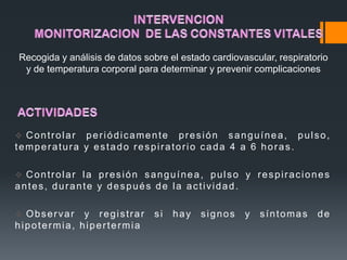 Recogida y análisis de datos sobre el estado cardiovascular, respiratorio
 y de temperatura corporal para determinar y prevenir complicaciones




 Controlar periódicamente presión sanguínea, pulso,
temperatura y estado respiratorio cada 4 a 6 horas.

 Controlar la presión sanguínea, pulso y respiraciones
antes, durante y después de la actividad.

 Observar   y registrar        si   hay   signos    y   síntomas     de
hipotermia, hipertermia
 