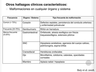 Otros hallazgos clínicos característicos: 
 Malformaciones en cualquier órgano y sistema 
Frecuencia Órgano / Sistema Tipo frecuente de malformación 
Común (> 75%) Corazón Defectos septales, persistencia del conducto arterioso 
y enfermedad polivalvular 
Frecuente (25-75%) Genitourinario Riñón en herradura 
Menos frecuente 
(5-25%) 
Gastrointestinal Onfalocele, atresia esofágica con fístula 
traqueoesofágica, estenosis pilórica 
SNC Hipoplasia cerebelosa, agenesia del cuerpo calloso, 
polimicrogiria, espina bífida 
Craneofacial Hendiduras orofaciales 
Ojo Microftalmia, coloboma, cataratas, opacidades 
corneales 
Miembro Aplasia radial / hipoplasia 
Baty et al. 2008. 
 