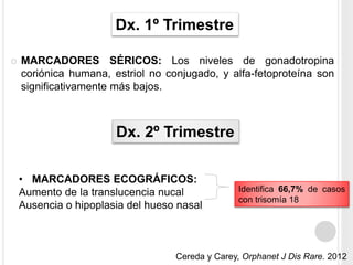 Dx. 1º Trimestre 
 MARCADORES SÉRICOS: Los niveles de gonadotropina 
coriónica humana, estriol no conjugado, y alfa-fetoproteína son 
significativamente más bajos. 
Dx. 2º Trimestre 
• MARCADORES ECOGRÁFICOS: 
Aumento de la translucencia nucal 
Ausencia o hipoplasia del hueso nasal 
Identifica 66,7% de casos 
con trisomía 18 
Cereda y Carey, Orphanet J Dis Rare. 2012 
 
