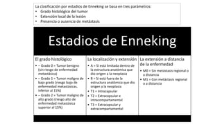La clasificación por estadios de Enneking se basa en tres parámetros:
• Grado histológico del tumor
• Extensión local de la lesión
• Presencia o ausencia de metástasis
Estadios de Enneking
El grado histológico
• – Grado 0 = Tumor benigno
(sin riesgo de enfermedad
metastásica)
• – Grado 1 = Tumor maligno de
bajo grado (riesgo bajo de
enfermedad metastásicas,
inferior al 15%)
• – Grado 2 = Tumor maligno de
alto grado (riesgo alto de
enfermedad metastásica
superior al 15%)
La localización y extensión
• A = Si está limitada dentro de
la estructura anatómica que
dio origen a la neoplasia
• B = Si está fuera de la
estructura anatómica que dio
origen a la neoplasia
• T1 = Intracapsular
• T2 = Extracapsular e
intracompartamental
• T3 = Extracapsular y
extracompartamental
La extensión a distancia
de la enfermedad
• M0 = Sin metástasis regional o
a distancia
• M1 = Con metástasis regional
o a distancia
 