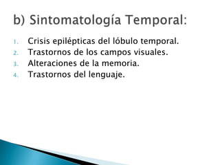 1.   Crisis epilépticas del lóbulo temporal.
2.   Trastornos de los campos visuales.
3.   Alteraciones de la memoria.
4.   Trastornos del lenguaje.
 