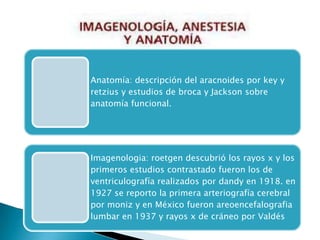 Anatomía: descripción del aracnoides por key y
retzius y estudios de broca y Jackson sobre
anatomía funcional.




Imagenologia: roetgen descubrió los rayos x y los
primeros estudios contrastado fueron los de
ventriculografía realizados por dandy en 1918. en
1927 se reporto la primera arteriografía cerebral
por moniz y en México fueron areoencefalografia
lumbar en 1937 y rayos x de cráneo por Valdés
 